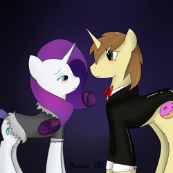 Size: 2000x2000 | Tagged: safe, artist:nasuni, donut joe, rarity, pony, unicorn, clothes, female, male, rarijoe, shipping, straight, tuxedo