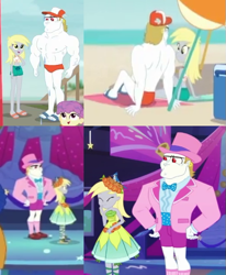 Size: 499x607 | Tagged: safe, edit, edited screencap, screencap, bulk biceps, derpy hooves, water lily (equestria girls), bird, better together, equestria girls, too hot to handle, twilight under the stars, x marks the spot, background human, beach, bowtie, bulk's pink tuxedo, clothes, cropped, derpybulk, dress, female, hat, male, midriff, nest, planetarium, shipping, shorts, statue of star swirl, straight, suit, swimsuit, top hat, tuxedo