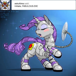 Size: 500x500 | Tagged: safe, artist:drjavi, rarity, oc, oc only, oc:r.a.r.i.t.a., pony, robot, robot pony, unicorn, blushing, eyes closed, fabulous, fan, female, hooves, horn, mare, open mouth, raised hoof, raribot, solo, text, windswept mane