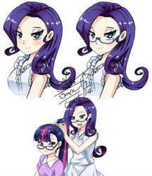 Size: 785x910 | Tagged: safe, artist:go-it, derpibooru import, rarity, twilight sparkle, human, alternate hairstyle, clothes, female, glasses, humanized, looking at you, makeover, open mouth, pixiv, ponytail, shirt, signed, simple background, smiling, twilight's professional glasses, white background