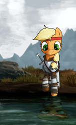 Size: 1300x2126 | Tagged: safe, artist:makc-hunter, applejack, earth pony, pony, armor, female, headband, mare, skyrim, solo, sword, the elder scrolls, water, weapon