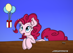 Size: 1020x738 | Tagged: safe, artist:arthur9078, artist:dfectivedvice, color edit, pinkie pie, earth pony, pony, balloon, present, solo