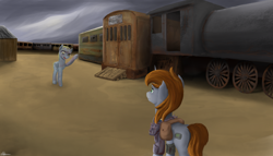 Size: 2450x1400 | Tagged: safe, artist:raminy44, derpy hooves, oc, oc:littlepip, ghoul, pegasus, pony, unicorn, fallout equestria, absolutely everything, carriage (railway), clothes, cloud, cloudy, cutie mark, fanfic, fanfic art, female, hooves, horn, mare, new appleloosa, pipbuck, saddle bag, train, vault suit, wagon, wasteland, waving, wings