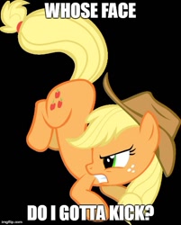 Size: 490x609 | Tagged: safe, applejack, earth pony, pony, angry, bucking, image macro, kicking, meme, reaction image, solo