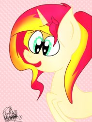 Size: 1600x2100 | Tagged: safe, artist:wonderschwifty, sunset shimmer, pony, unicorn, abstract background, female, mare, smiling, solo