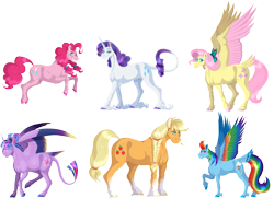 Size: 3151x2280 | Tagged: safe, artist:bijutsuyoukai, derpibooru import, applejack, fluttershy, pinkie pie, rainbow dash, rarity, twilight sparkle, twilight sparkle (alicorn), alicorn, earth pony, pegasus, pony, unicorn, colored wings, mane six, multicolored wings, older, simple background, smiling, tail feathers, transparent background, unshorn fetlocks