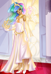 Size: 2070x2952 | Tagged: safe, artist:yuntaoxd, princess celestia, human, bedroom eyes, canterlot castle, clothes, colored, dark skin, dress, high heels, humanized, long hair, looking at you, magic, smiling, solo, tanlestia