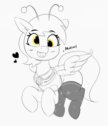 Size: 878x1024 | Tagged: safe, artist:pabbley, derpy hooves, alien, pegasus, pony, antennae, clothes, cute, derpabetes, fangs, female, flying, mare, monochrome, neo noir, open mouth, partial color, simple background, smiling, socks, solo, text, white background