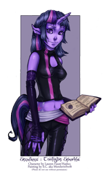 Size: 700x1157 | Tagged: safe, artist:mandarinswift, derpibooru import, twilight sparkle, anthro, belly button, book, human facial structure, midriff, solo