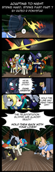 Size: 960x3000 | Tagged: safe, artist:shujiwakahisaa, derpy hooves, dj pon-3, vinyl scratch, oc, earth pony, pegasus, pony, unicorn, comic:adapting to night, comic:adapting to night: strike hard strike fast, armor, comic, glowing horn, horn, magic, sword, telekinesis, weapon