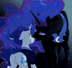Size: 760x719 | Tagged: safe, artist:equum_amici, artist:kianamai, nightmare moon, rarity, pony, unicorn, :t, alternate timeline, animated, bedroom eyes, boop, cinemagraph, cute, eye contact, female, floppy ears, glowing eyes, grin, lesbian, missing accessory, night maid rarity, nightmare takeover timeline, nightrarity, nose wrinkle, noseboop, nuzzling, plot, raised hoof, scrunchy face, shipping, smiling, wide eyes