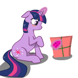 Size: 5000x5000 | Tagged: safe, artist:dukeman007, derpibooru import, twilight sparkle, absurd resolution, blushing, floppy ears, implied flashlight, magic, present, raised hoof, sitting, smiling, solo, telekinesis