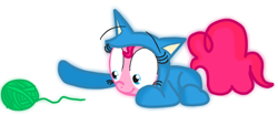 Size: 608x253 | Tagged: safe, artist:mr-degration, pinkie pie, earth pony, pony, animal costume, behaving like a cat, cat costume, clothes, cute, happy, kitty suit, lying, lying down, pinkie cat, playing, smiling, solo, toy, yarn