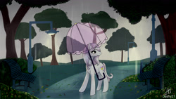 Size: 3840x2160 | Tagged: safe, artist:dashy21, derpibooru import, fleur-de-lis, pony, bench, rain, solo, streetlight, tree, umbrella