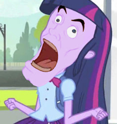 Size: 661x700 | Tagged: safe, derpibooru import, edit, twilight sparkle, equestria girls, derp, didney worl, disney, exploitable meme, face, faic, gaston, meme, solo, twiscream, wat