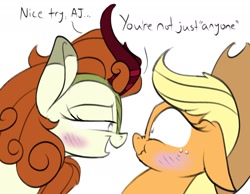 Size: 1800x1400 | Tagged: safe, artist:rocket-lawnchair, derpibooru import, part of a set, applejack, autumn blaze, earth pony, kirin, pony, autumnjack, bedroom eyes, blushing, caught, dialogue, female, floppy ears, hat, lesbian, looking at each other, mare, scrunchy face, secret admirer, secret admirer fail, shipping, shrunken pupils