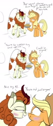 Size: 1280x2987 | Tagged: safe, artist:rocket-lawnchair, derpibooru import, applejack, autumn blaze, earth pony, kirin, pony, apple, apple pie, autumnjack, blushing, cloven hooves, colored hooves, female, flirting, food, lesbian, liarjack, magic, note, pie, scrunchy face, secret admirer, secret admirer fail, shipping, shrunken pupils, subtle as a train wreck, telekinesis