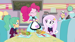 Size: 1920x1080 | Tagged: safe, screencap, derpy hooves, fleur-de-lis, garden grove, pinkie pie, tip top, better together, equestria girls, five stars, clothes, crystal prep academy uniform, female, food, french fries, happy, looking at each other, ponytail, salad, sandwich, school uniform, server pinkie pie, smiling, sunny sugarsocks, sweet snacks cafe, waitress, when she smiles
