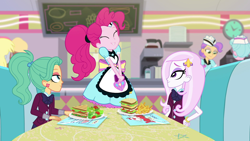 Size: 1920x1080 | Tagged: safe, screencap, derpy hooves, fleur-de-lis, garden grove, pinkie pie, tip top, better together, equestria girls, five stars, clothes, crystal prep academy uniform, female, food, french fries, happy, ponytail, salad, sandwich, school uniform, server pinkie pie, sunny sugarsocks