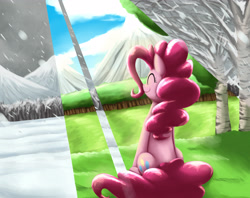 Size: 3583x2836 | Tagged: safe, artist:otakuap, pinkie pie, earth pony, pony, crepuscular rays, eyes closed, sitting, smiling, snow, snowfall, solo, summer, sunlight, winter