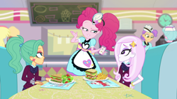 Size: 1920x1080 | Tagged: safe, screencap, derpy hooves, fleur-de-lis, garden grove, pinkie pie, tip top, better together, equestria girls, five stars, cellphone, clothes, crystal prep academy uniform, female, food, french fries, happy, phone, pointing, ponytail, salad, sandwich, school uniform, server pinkie pie, sunny sugarsocks