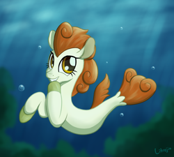 Size: 1500x1350 | Tagged: safe, artist:litrojia, autumn blaze, seapony (g4), atg 2020, awwtumn blaze, bubble, crepuscular rays, cute, female, fins, looking at you, newbie artist training grounds, ocean, seaponified, seapony autumn blaze, signature, smiling, solo, species swap, underwater, water