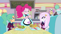 Size: 1920x1080 | Tagged: safe, screencap, derpy hooves, fleur-de-lis, garden grove, pinkie pie, tip top, better together, equestria girls, five stars, cellphone, clothes, crystal prep academy uniform, female, food, french fries, phone, ponytail, salad, sandwich, school uniform, server pinkie pie, smiling, sunny sugarsocks