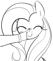 Size: 375x430 | Tagged: safe, artist:dotkwa, fluttershy, human, boop, c:, cute, disembodied hand, eyes closed, hand, monochrome, smiling