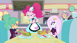 Size: 1920x1080 | Tagged: safe, screencap, derpy hooves, fleur-de-lis, garden grove, pinkie pie, tip top, better together, equestria girls, five stars, cellphone, clothes, crystal prep academy uniform, female, food, french fries, phone, pointing, ponytail, salad, sandwich, school uniform, server pinkie pie, smartphone, smiling, sunny sugarsocks