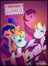 Size: 624x850 | Tagged: safe, artist:oneofyouare, derpy hooves, flare warden, flash sentry, lightning dust, twilight sparkle, alicorn, pegasus, pony, fanfic:first class guards, cover, cover art, fanfic, fanfic art, fanfic cover, female, guard, mare, rule 63, story in the source