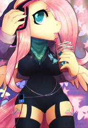 Size: 738x1071 | Tagged: safe, artist:caindra, fluttershy, anthro, big breasts, breasts, drink, female, frappuccino, headphones, hootershy, looking at you, mp3 player, solo