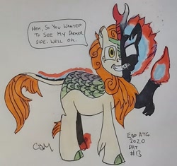 Size: 1795x1685 | Tagged: safe, artist:rapidsnap, autumn blaze, kirin, nirik, fire, traditional art, transformation, two-face