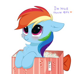 Size: 3000x3000 | Tagged: safe, artist:pesty_skillengton, derpibooru import, rainbow dash, pegasus, pony, blushing, box, cheek fluff, chest fluff, commissioner:raritybro, cute, dashabetes, female, heart eyes, pesty's little gift, pony in a box, present, shipping, solo, weapons-grade cute, wingding eyes, ych result