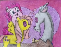 Size: 2312x1802 | Tagged: safe, artist:disneyandzimfanatic, discord, fluttershy, pinkie pie, earth pony, pegasus, pony, female, love poison, male, mind control, straight, traditional art