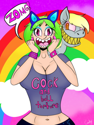 Size: 1200x1600 | Tagged: safe, artist:misscandycrazed, derpy hooves, oc, oc:pegaslut, human, adam's apple, belly button, breasts, cleavage, clothes, dialogue, evil grin, gift art, grin, hand on face, human oc, looking at you, message, midriff, pink eyes, pony ears, rainbow background, shirt, short shirt, smiling, t-shirt, vulgar, yellow teeth, zomg