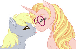 Size: 1024x666 | Tagged: safe, artist:azure-art-wave, derpy hooves, honey lemon, pony, eyes closed, female, lesbian, nuzzling, shipping, simple background, white background