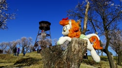 Size: 1917x1080 | Tagged: safe, autumn blaze, awwtumn blaze, cute, irl, lookout, orchard, photo, plushie, solo