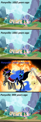 Size: 500x1465 | Tagged: safe, derpibooru import, discord, king sombra, nightmare moon, alicorn, draconequus, pony, unicorn, 1000 years ago, antagonist, ethereal mane, female, male, mare, ponyville, raised hoof, rearing, stallion, starry mane