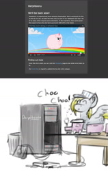 Size: 900x1421 | Tagged: safe, derpibooru import, screencap, derpy hooves, pegasus, pony, derpibooru, female, friendship express, mare, meta, pink fluffy unicorns dancing on rainbows, server, solo