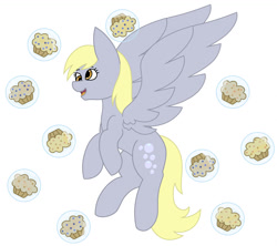 Size: 1024x908 | Tagged: safe, artist:midnightamber, derpy hooves, pegasus, pony, bubble, cute, derp, derpabetes, female, floating muffins, flying, food, happy, mare, muffin, muffins in bubbles, simple background, solo, spread wings, white background