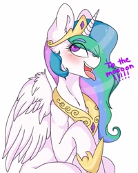 Size: 800x1000 | Tagged: safe, artist:drducksauce, princess celestia, alicorn, pony, blushing, raised hoof, simple background, sitting, solo, to the moon, tongue out, trollestia