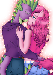 Size: 1024x1448 | Tagged: safe, artist:cyborg-steve, artist:line-arts, pinkie pie, spike, anthro, ambiguous facial structure, female, imminent kissing, male, pinkiespike, shipping, straight