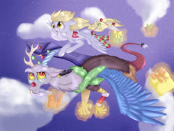 Size: 1024x768 | Tagged: safe, artist:cha-squared, derpy hooves, discord, pony, cute, flying, hearth's warming eve, magic, night, present, red nose