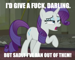 Size: 814x656 | Tagged: safe, edit, edited screencap, screencap, rarity, pony, unicorn, caption, image macro, meme, no fucks, vulgar