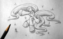 Size: 900x561 | Tagged: safe, artist:cyle, fluttershy, pegasus, pony, monochrome, pencil, solo, traditional art, unshorn fetlocks