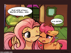 Size: 900x675 | Tagged: safe, artist:lumineko, fluttershy, scootaloo, pegasus, pony, 30 minute art challenge, crying, feels, floppy ears, nuzzling, open mouth, sisters, smiling, snot, wink