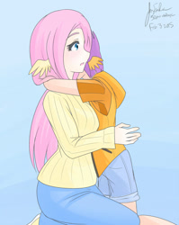 Size: 1000x1255 | Tagged: safe, artist:jonfawkes, fluttershy, scootaloo, human, 30 minute art challenge, hug, humanized, wing ears