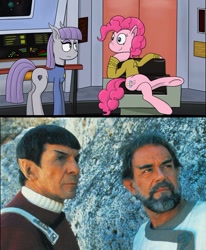 Size: 534x647 | Tagged: safe, artist:klystron2010, maud pie, pinkie pie, earth pony, pony, maud pie (episode), comparison, crossover, james t kirk, laurence luckinbill, leonard nimoy, sitting, spock, star trek, star trek v: the final frontier, sybok, underhoof, vulcan, vulcan pony