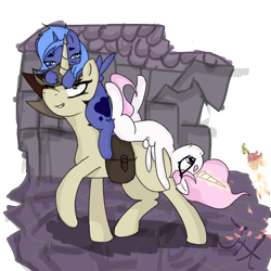 Size: 894x895 | Tagged: safe, artist:jonathan the awesome, derpibooru exclusive, princess celestia, princess luna, oc, oc:jona clay, alicorn, pony, blank flank, bored, filly, saddle bag, sleepy, woona