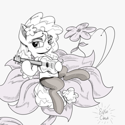 Size: 3000x3000 | Tagged: safe, artist:katakiuchi4u, pear butter, earth pony, pony, acoustic guitar, clothes, female, flower, flower in hair, mare, monochrome, simple background, sketch, solo, stockings, thigh highs, white background